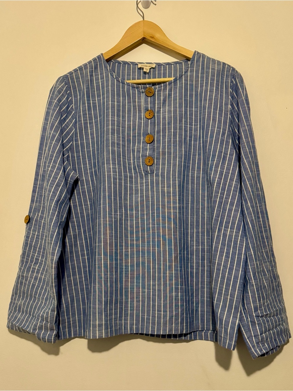 jennifer & grace L Blue and White Striped Button-Front Top Cotton Beach Coastal